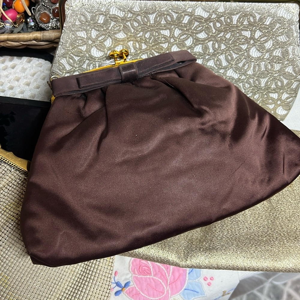 Vintage brown satin clutch with bow and kiss closure Brass hardware